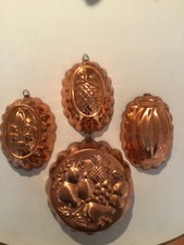 Vintage Copper Jelly Moulds (4) with Tin Lining – 1950s Kitchen Wall Decor.