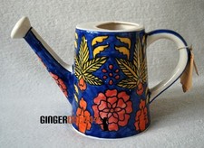 Mediterranean Spanish Ceramic Watering Can Pot Vase Blue Orange Flowers