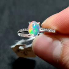 925 Sterling Silver Ring Ethiopian Fire Opal + Zircon Dainty Adjustable