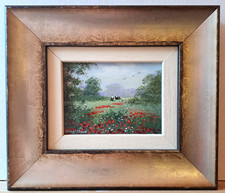 MARY SHAW Framed Original Miniature Oil Painting Poppies and Cows