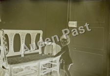 Antique Glass Negative Slide Photo Child Playing Indoors By Wooden Bench