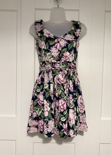 Hearts & Roses Floral Fit And Flare Dress · Navy Pink · UK 8 Retro Vintage