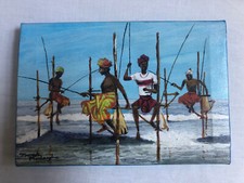 VINTAGE Signed Acrylic Oil Painting on Canvas Pole Fishing Sri Lanka 15X22cm