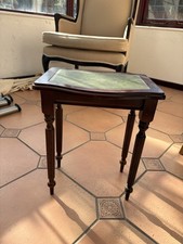 Vintage Wooden Side Table with Green Leather Top