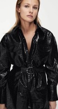 Zara Women’s Black Faux Croc Leather Belted Oversized Shacket Size XXL UK 16-18