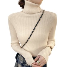 Womens Turtle Neck Jumper Casual Knitted Plain High Neck Long Sleeve Ribbed Tops