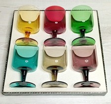 Vintage Boxed Set Of 6 Medium Mid Century Coloured Glass Wine Goblets