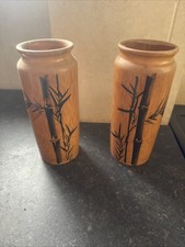 2x 9inch Vintage Bamboo Hand painted Japanese Vases