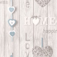LOVE YOUR HOME WALLPAPER - BLUE - FINE DECOR FD41719 NEW SHABBY CHIC