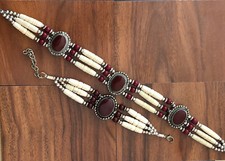 Native American Beaded Agate Stone Tribal Buffalo Bone Bracelet and Choker Set