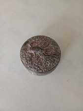 Antique Chinese / Japanese Copper on Metal Small Round Trinket Box Peacock
