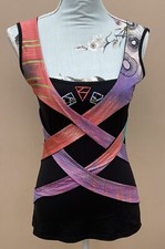 SAVE THE QUEEN VEST TOP SIZE SMALL CHEST 35” BLACK MULTICOLOUR CROSS BODY STRAPS