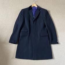 HOLLAND ESQUIRE Overcoat Size L XL Wool Blend Velvet Collar Navy Blue Pockets