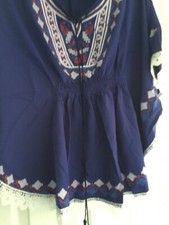 blue circle sun top with gathered waist front and back print decor s/m lace trim