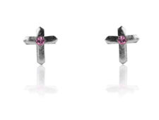 New Pair 925 Solid Sterling Silver Cross Design Earrings with Pink cubic zirconi