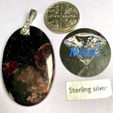 GARNET IN BLACK TOURMALINE 38mm OVAL PENDANT and ORNATE 925 STERLING SILVER BAIL