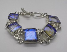 Hi Ho Silver 925 Dichroic Glass & Silver Bracelet Blue Iridescent 8-8.5in Link