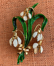 Vintage Exquisite Snowdrop Brooch, 1950s Birthday Series, Enamel Flower, signed