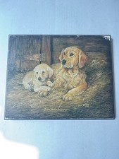 Dick Twinney Print on Wood - Golden Retriever & Pup 1984 25cm x 20cm Vintage  