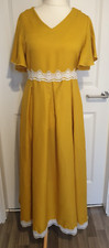GORGEOUS YELLOW ASIAN INDIAN V-NECK LONG MAXI DRESS SIZE L 12 14 SHORT-SLEEVED