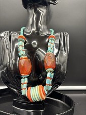 Vintage Tribal Necklace Red Resin & Turquoise Beads Statement Jewelry
