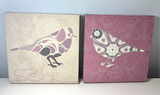 NEXT Birds Wall Art Canvas Style Pictures x2 Stitched Birds 30x30cm Pink Beige