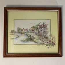 Glenda Rae framed print country village river landscape 32x37cm wood glass