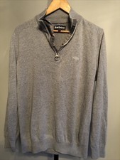 Mens BARBOUR 1/4 Zip Tartan Trim Grey Cotton High Neck Jumper Sz M