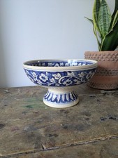 Asian Blue and White Ceramic Fruit Bowl Serving Dish Footed Raised Pedestal Vtg