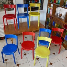 RARE set of 8 Mid Century FMG Poland Stacking Dining Chairs in primary colours