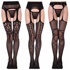 Ladies Sexy Faux Lace Up Patterned Jacquard G String Fishnet Suspender Tights