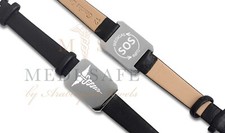 LADIES SOS BRACELET.  LEATHER STRAP MEDICAL EMERGENCY/STAINLESS STEEL TALISMAN