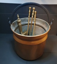 Vintage Large Iron Fireside Bucket Coal Scuttle With Brass Companion Set Tools