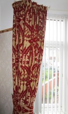 WOVEN JACQUARD RED/GOLD PENCIL PLEAT CURTAINS 90" X 90" & TIE BACKS & CUSHIONS