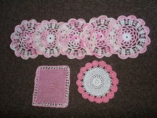 crochet doilies doliy centrepiece white pink cotton round tray cloth shabby chic