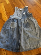 Vintage OshKosh B'Gosh Striped Denim Dress 6x Girls Jumper Teddy Bear 90s