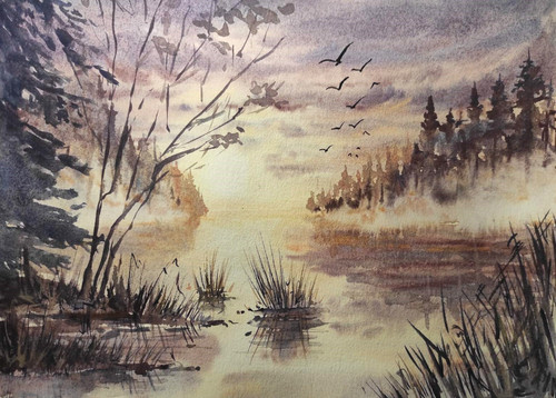 Foggy landscape birds - foggy, flying