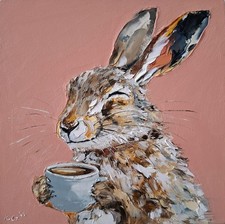 Oil Painting of Hare Enjoying a Cup of Coffee, Wildlife Original Painting, 6x6"
