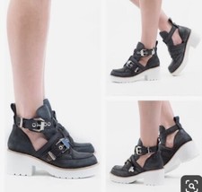 Jeffrey Campbell Coltrane Black White Cut Out Silver Buckle Chunky Biker Boots 4