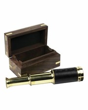 NAUTICALIA 7" BRASS CADET TELESCOPE WITH LEATHER BINDING & WOODEN FELT GIFT BOX.