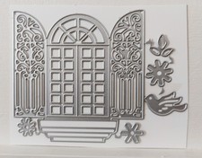 Window Die - Arch Shaped Window with Shutters, Flowers, Bird, Leaves