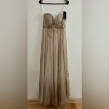 La Femme tan cream strapless pleated chiffon beaded prom dress NEW 8