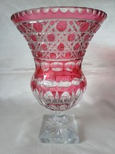 Tall Heavy Cranberry Overlay Hobnail Cut Glass Thistle Shape Vase (H. 28cms)