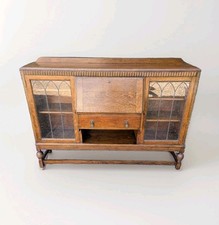 Antique Art Deco Solid Oak Display Cupboard Bookcase Writing Bureau Leaded Glass