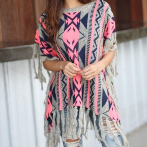 Aztec fringe poncho - aztec, m