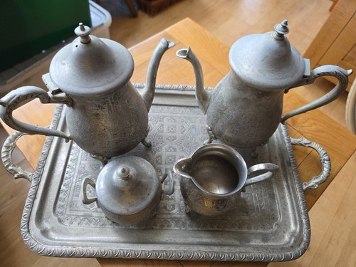 Vintage ornate metal tea set - metal,