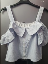 Zara Blue & White Stripe Off Shoulder Ruffled Crop Top Size M Button Detail 