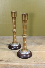 Vintage Handmade Small Brass Candlesticks - Pair - Brass/Chrome/Wood - 17cm