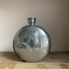Vintage Art Deco English Pewter Sheffield Hip Flask Collectible Masonic