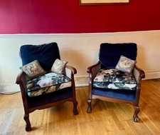 Antique Edwardian Pair of Bergère Chairs – Carved Wood, Cane Sides, Upholstered 